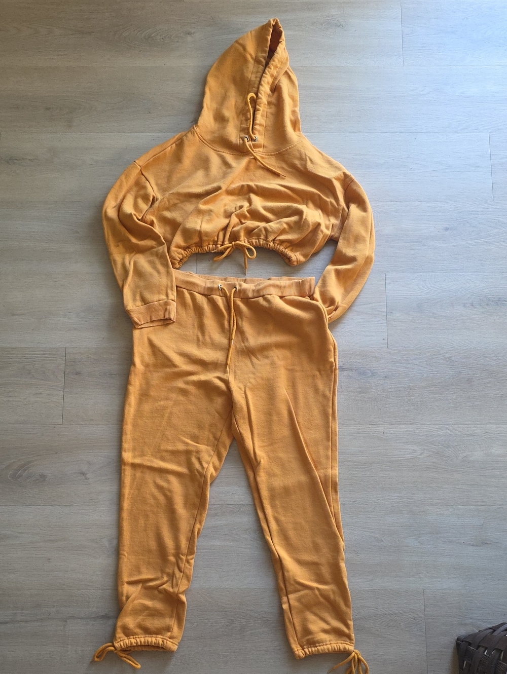 Cropped Hoodie & Drawstring Joggers Set - Mustard